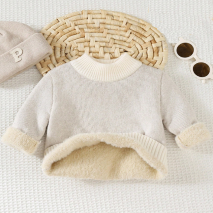 كنزة صوفية كاجوال بياقة عالية بسيطة للأطفال الرضع، خاكي، ربيع/شتاء
